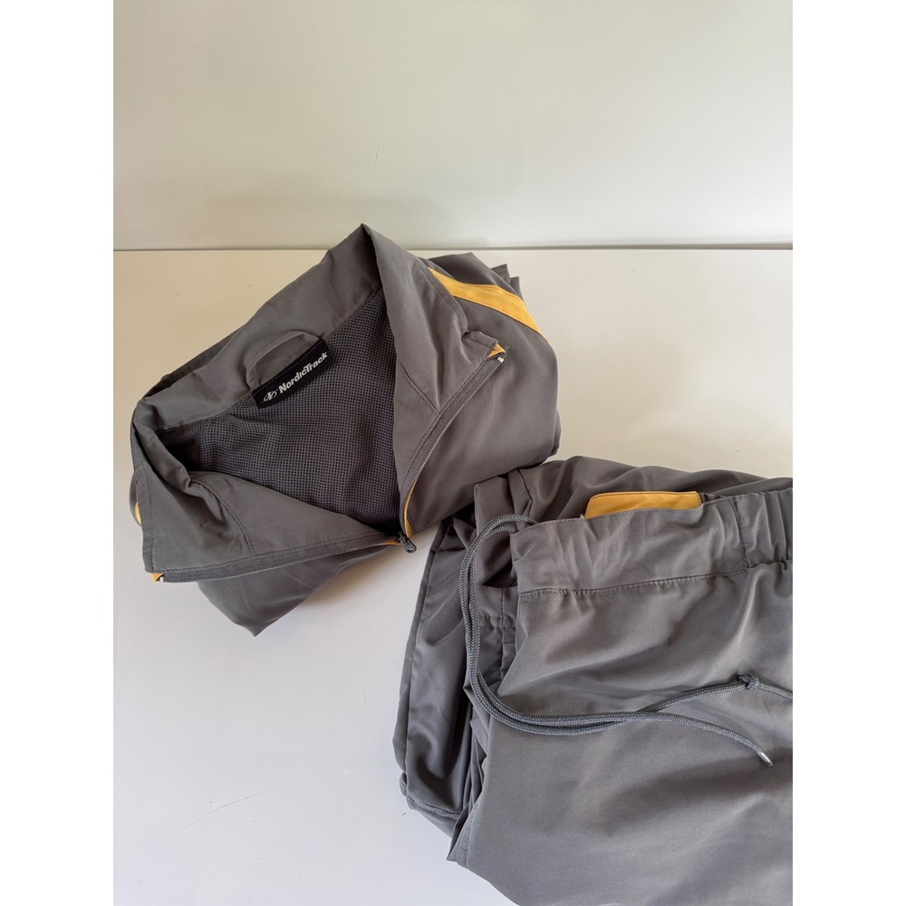 NordicTrack Mens Gray Yellow Stripe Track Suit 2 Piece Set Windbreaker Large L